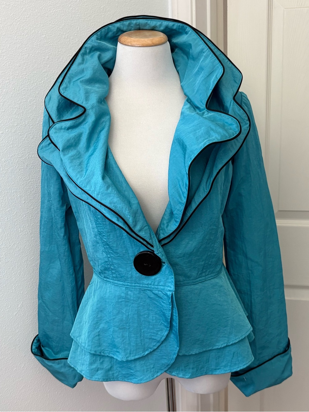 Turquoise Ruffle Peplum Blazer - Picture 2 of 15